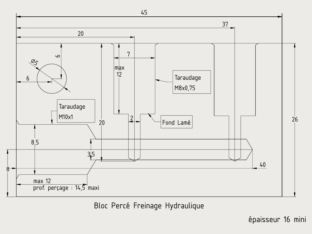 Croquis coté du bloc percé du freinage hydraulique